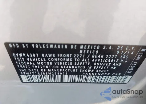 2014 Volkswagen Jetta Gli Edition 30 W/Nav из США, поврежденный, VIN 3VW4T7AJ8EM258972